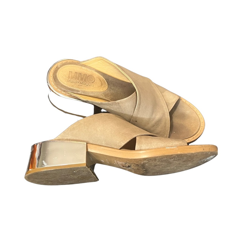 Tan maison margiela women’s mules with metallic block heels size 6.5